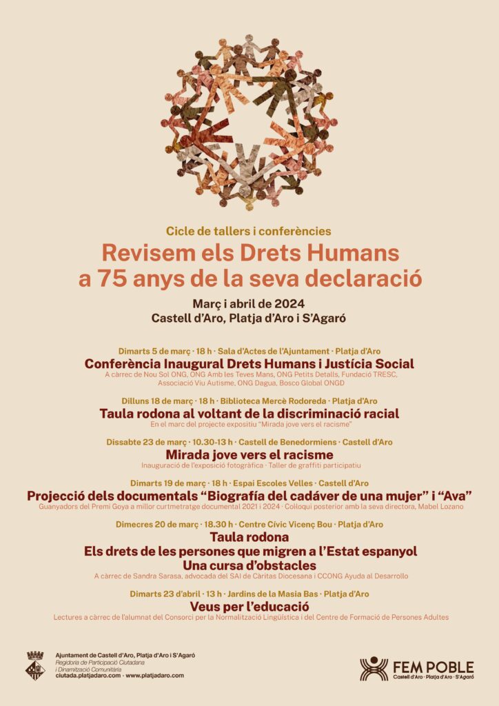 Pòster Programació del cicle de conferències i tallers per celebrar el 75 aniversari de la declaració dels Drets Humans (març-abril 2024 - Castell d'Aro, Platja d'Aro i S'Agaró)